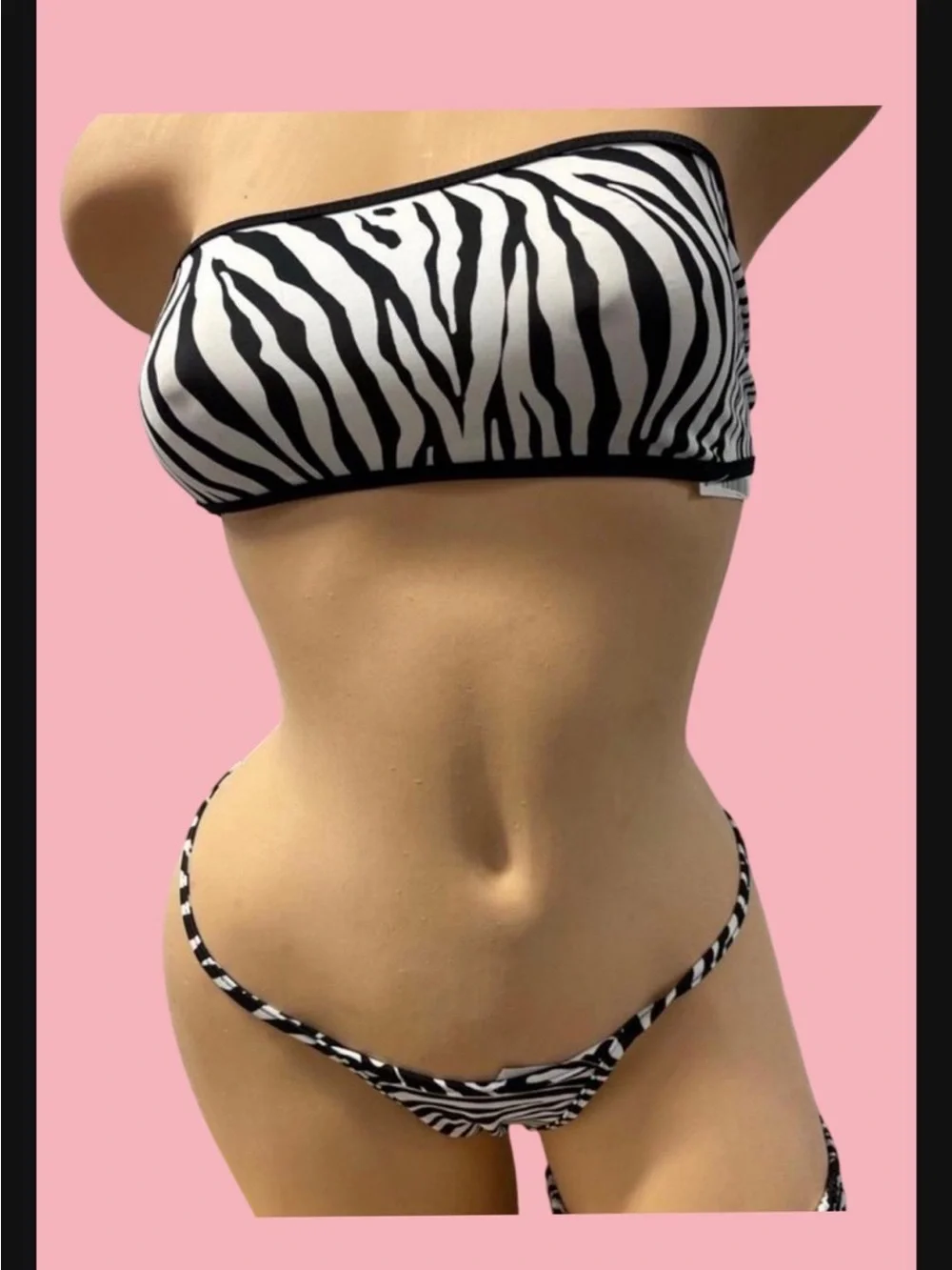 Zebra Print Bandeau Bikini Set - Black & White one size